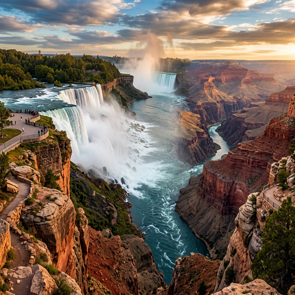 Waterfalls cascading beside red canyon cliffs and a winding river