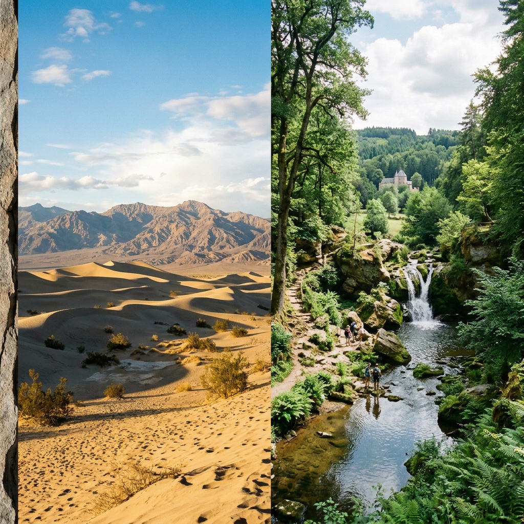 Split landscape with a forest waterfall and castle beside desert dunes and mountains